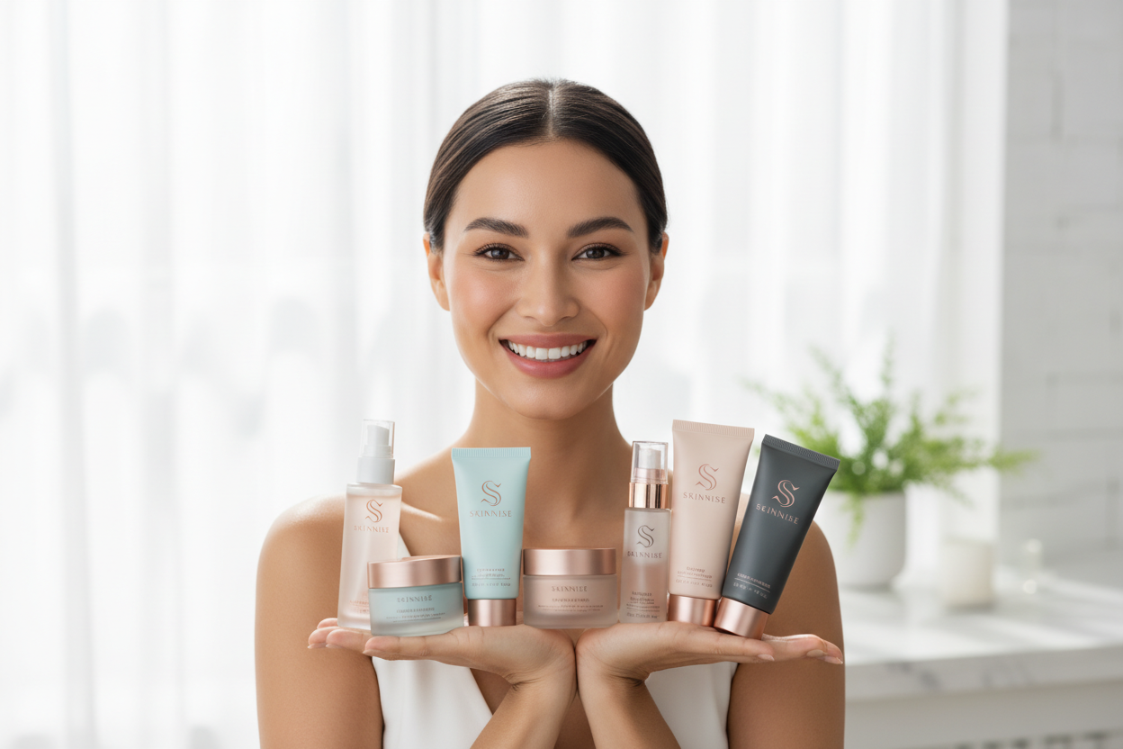 Woman holding Skinnise skincare products with the brand logo and tagline